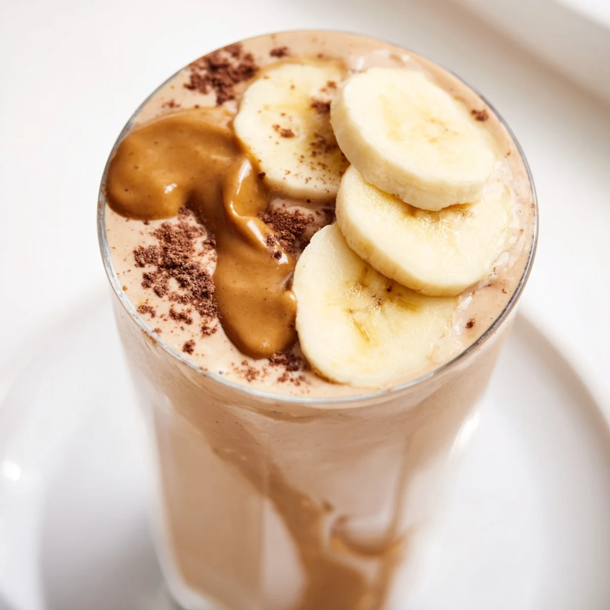 A thick Chocolate Peanut Butter Smoothie swirled with peanut butter and topped with banana slices.