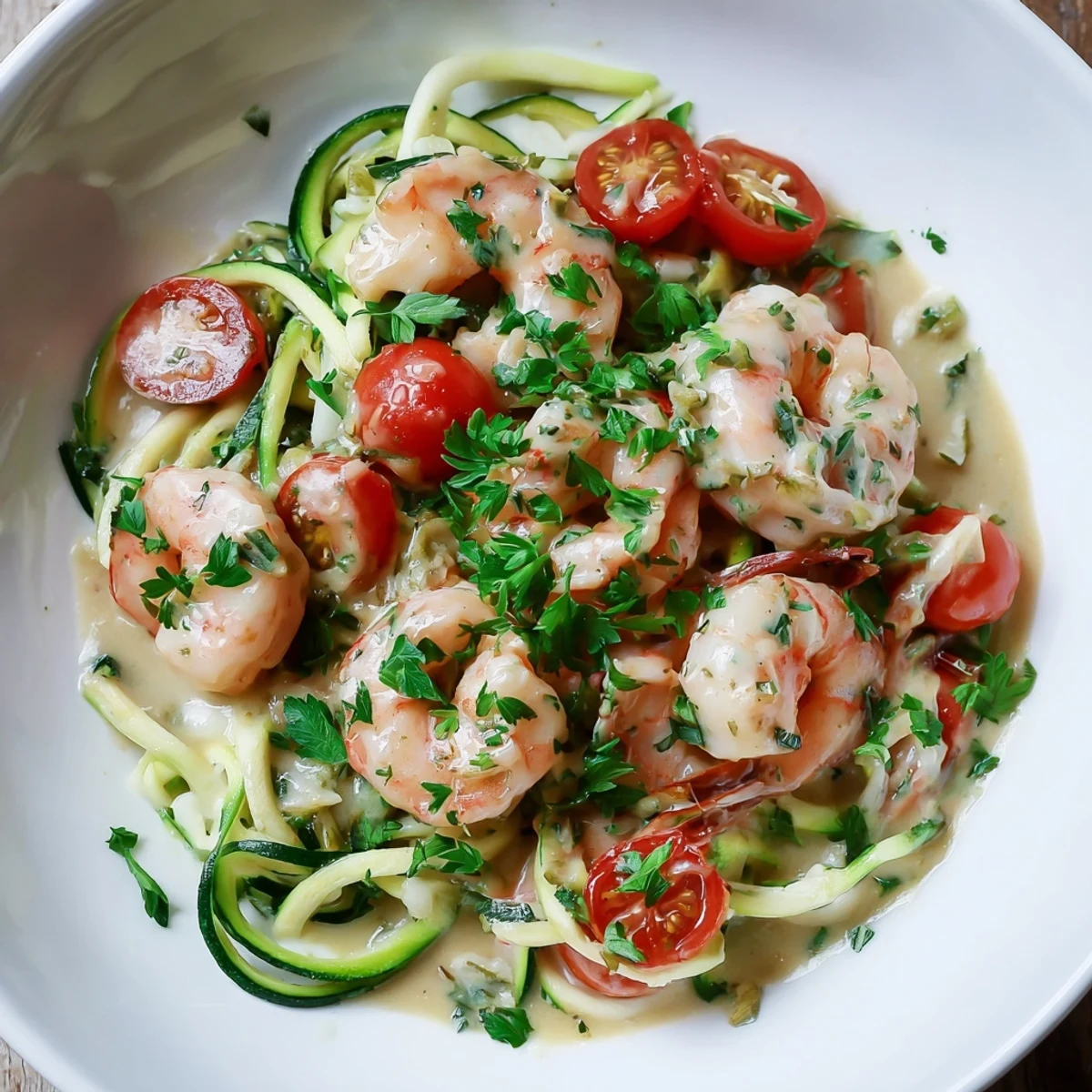 A close-up shot of rich creamy garlic shrimp and zucchini noodles in a warm, inviting skillet.