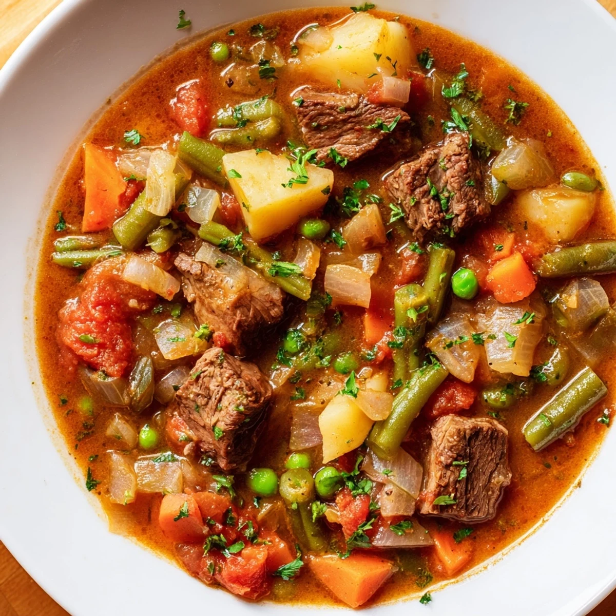 A close-up of Beef Vegetable Soup with potatoes, showcasing a rustic, flavorful, and comforting bowl of soup.