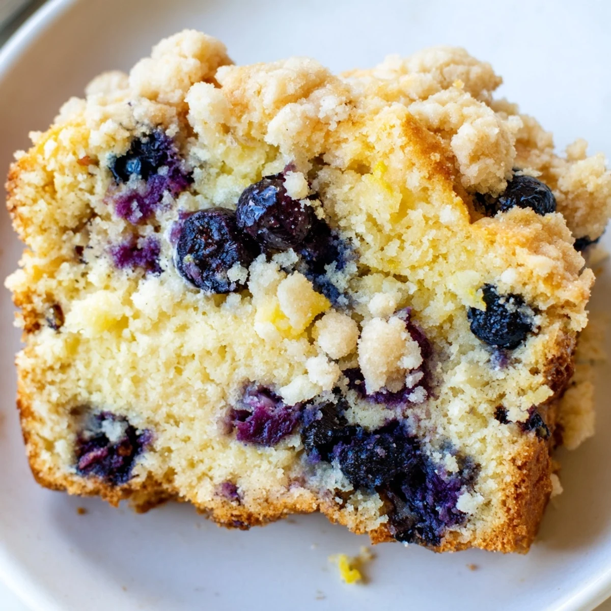 A slice of moist Lemon Blueberry Bread topped with sweet, crunchy streusel, ready to eat.