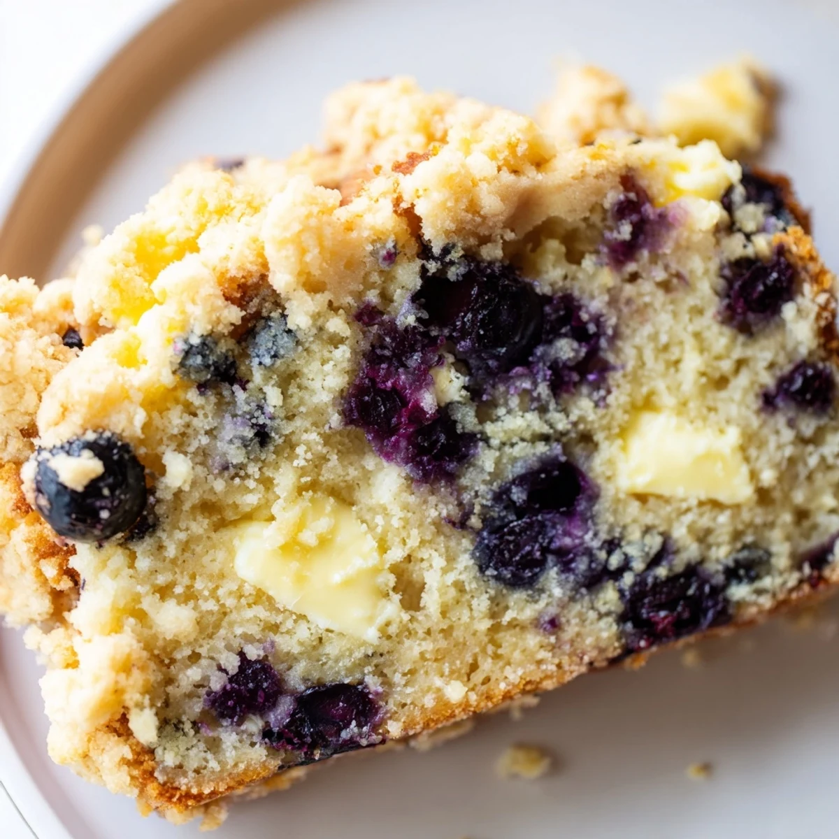 Close-up of a rustic loaf of Lemon Blueberry Bread, showing fresh blueberries and a buttery crumb topping.