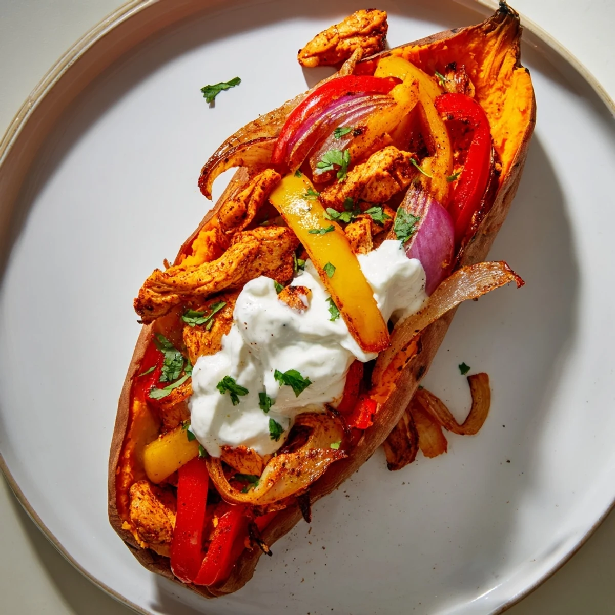 Golden, fluffy Chicken Fajita Stuffed Sweet Potatoes, brimming with colorful peppers, ready to eat.