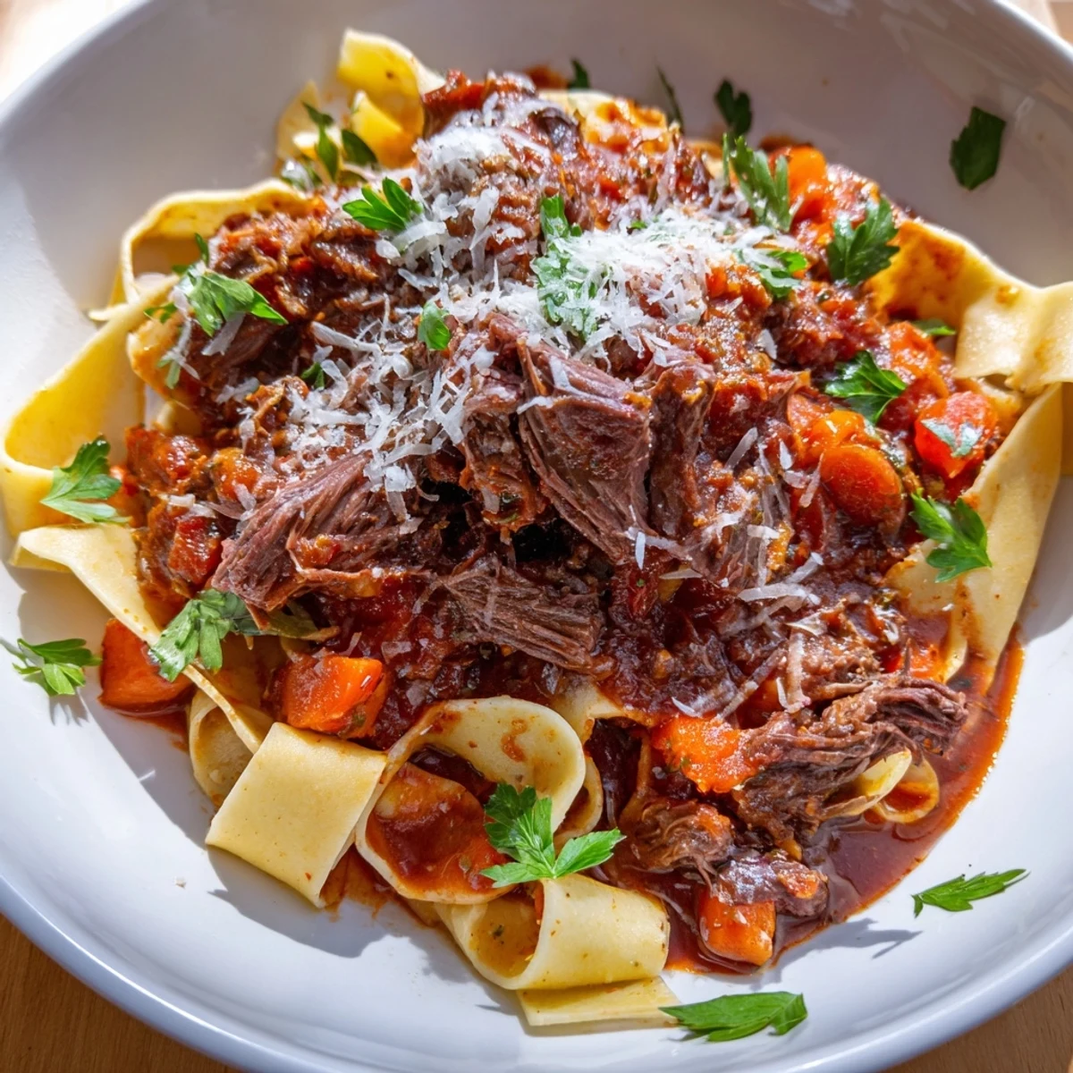 Steaming slow cooker beef ragu with pappardelle piled high, ready to serve with Parmesan.