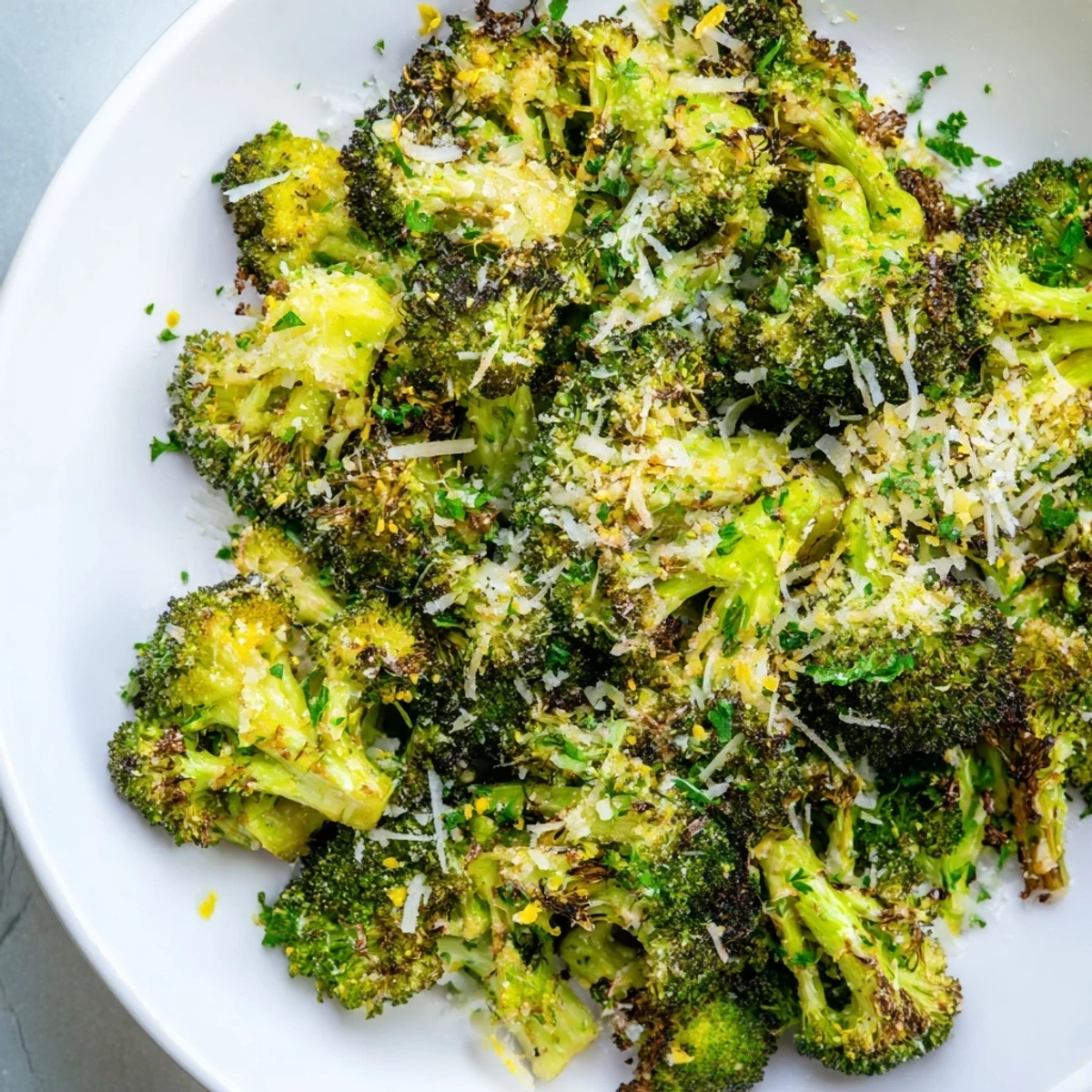 Fresh, garlicky Roasted Broccoli with Garlic and Parmesan, ready for a healthy and tasty meal.