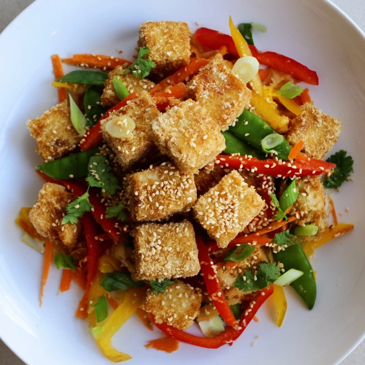 Golden, crispy pieces of coconut tofu served with colorful stir-fried vegetables, ready to eat.