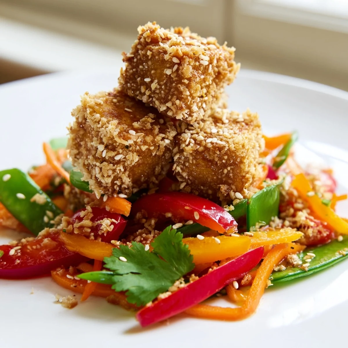 A close-up shot of the delicious crispy coconut tofu, perfectly browned and plated with mixed vegetables.