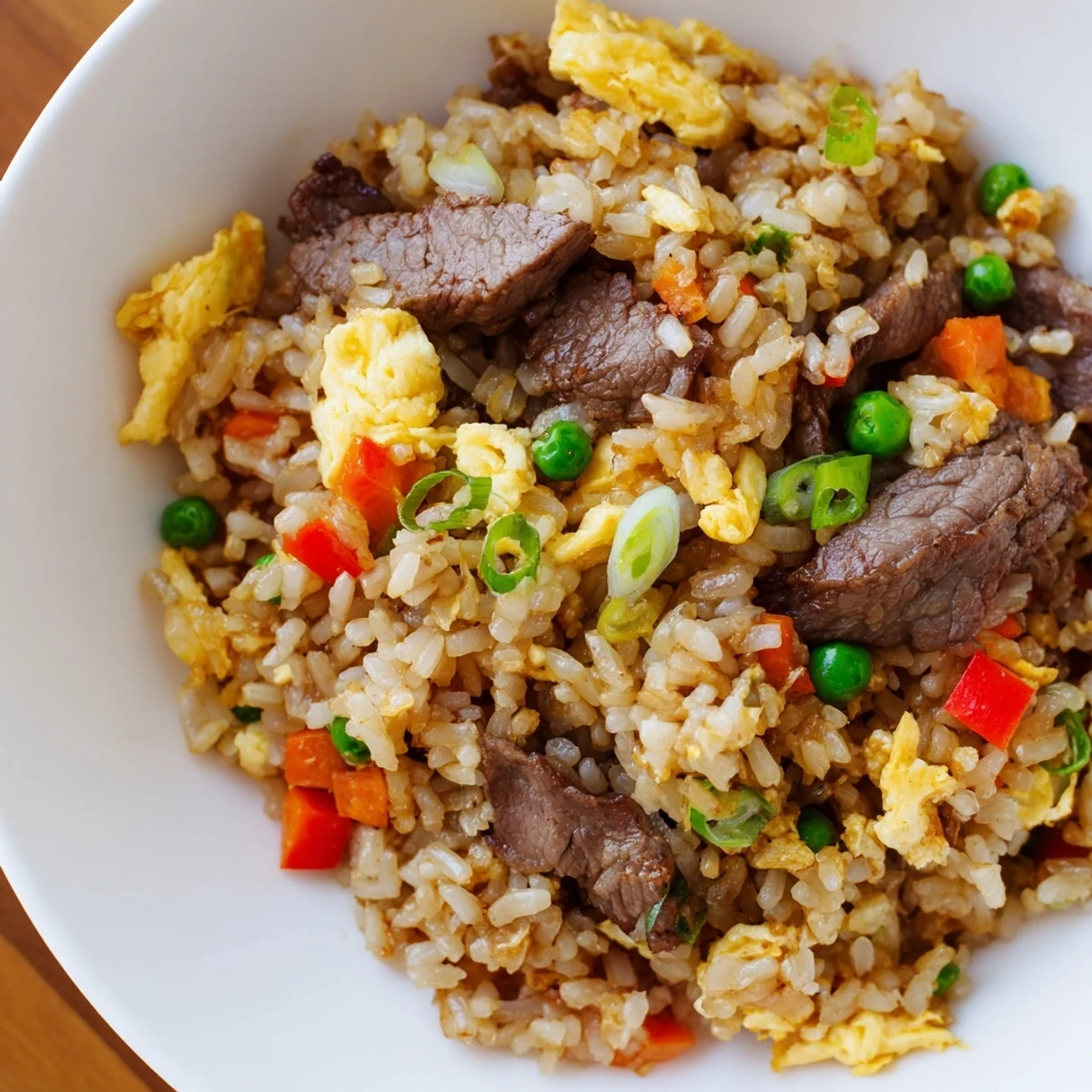Hot Beef Fried Rice with mixed vegetables and fluffy scrambled eggs steaming on a plate.