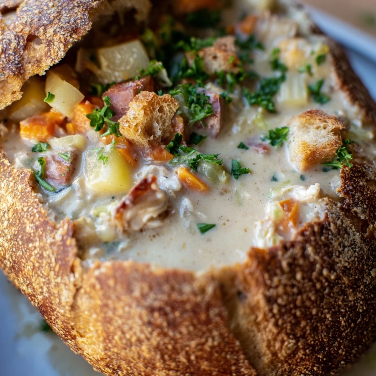 Hearty New England clam chowder in a toasted sourdough bread bowl, paired with a spoon for a cozy meal.