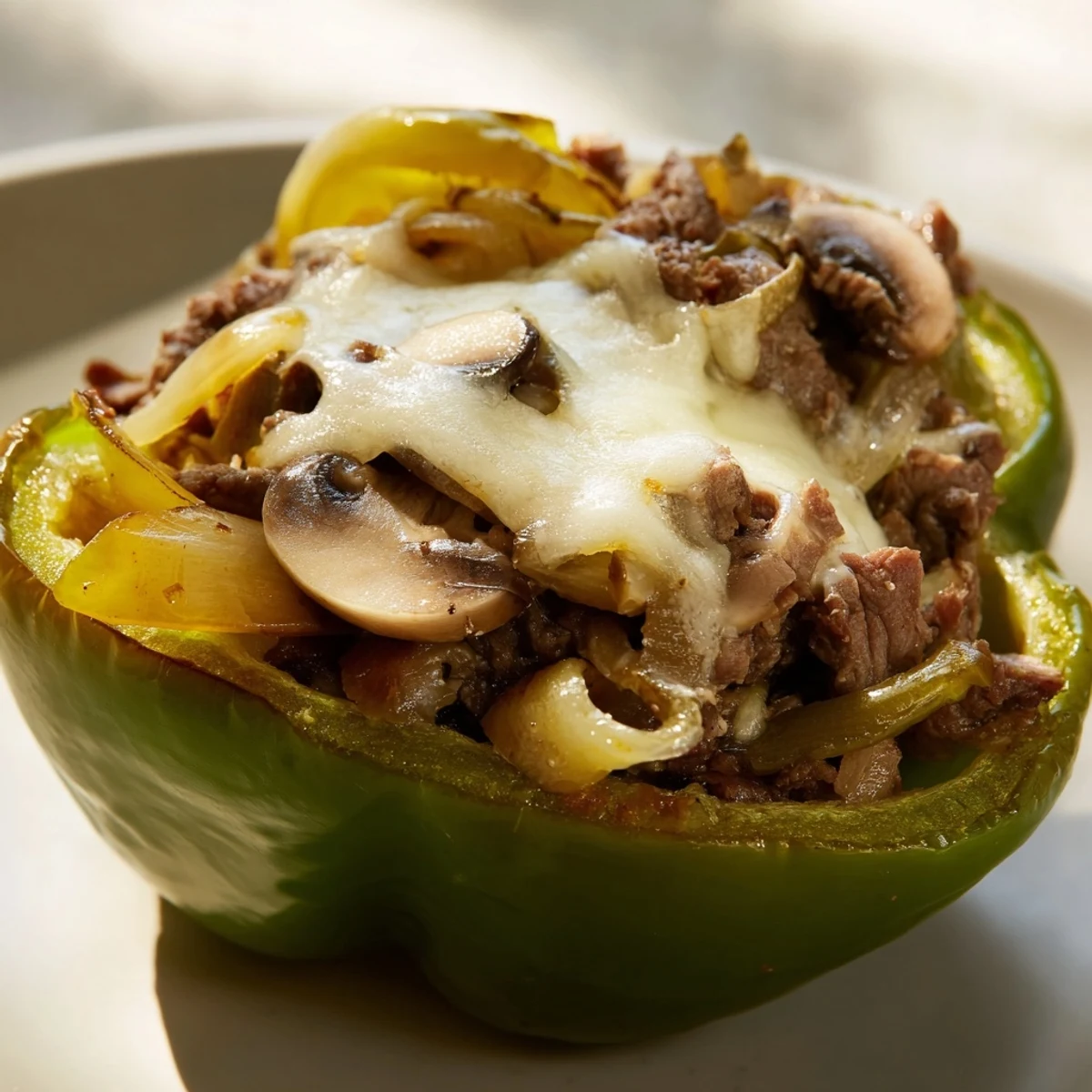 Oven-baked Beef Philly Cheesesteak Stuffed Peppers with melted provolone and sautéed onions.
