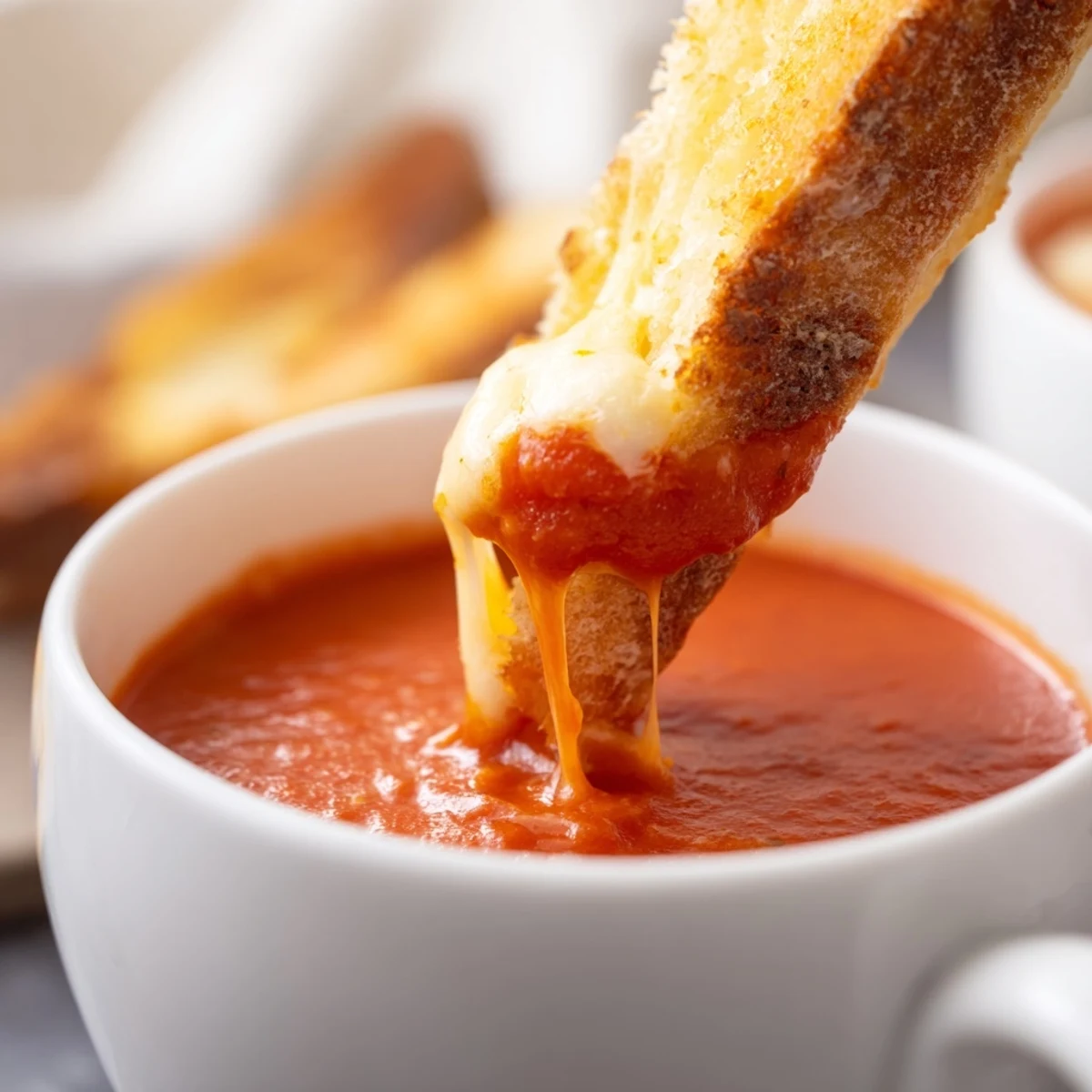 Creamy Tomato Soup with Grilled Cheese Dippers ladled into a white bowl, steam rising, with golden grilled cheese strips on the side for dipping.
