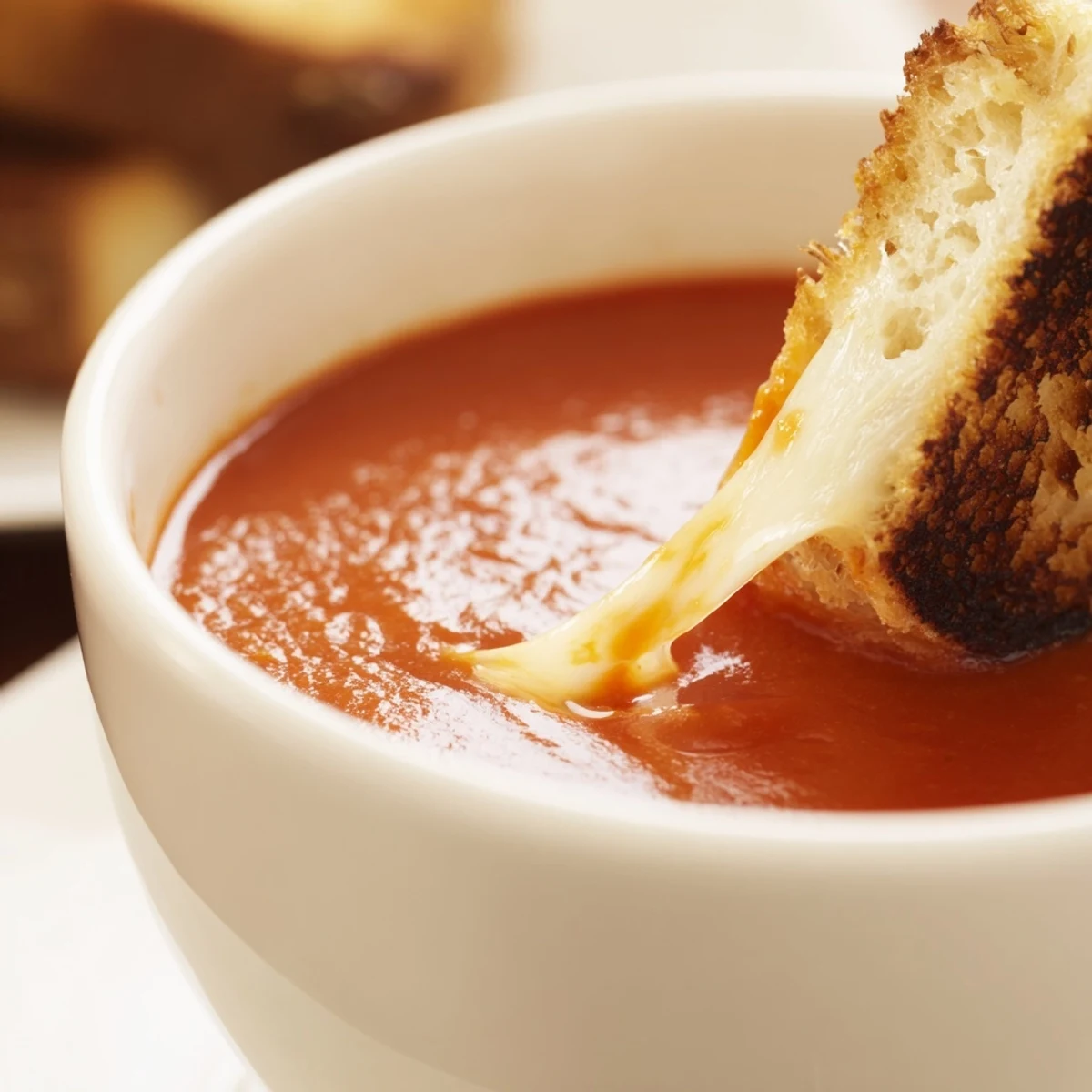 Close-up of Creamy Tomato Soup with Grilled Cheese Dippers, featuring a velvety red soup and crispy, melty cheese dippers ready to dip.