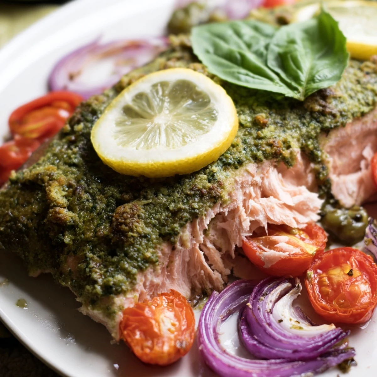 Freshly baked salmon fillets topped with vibrant pesto, roasted cherry tomatoes, and lemon slices served on a white ceramic plate.