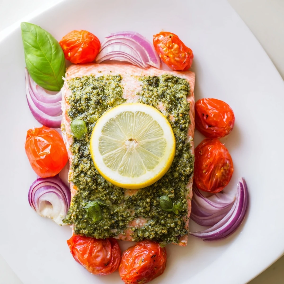 Gluten-free Baked Salmon with Pesto and Cherry Tomatoes, featuring flaky fish and juicy tomatoes, plated with a green salad garnish.
