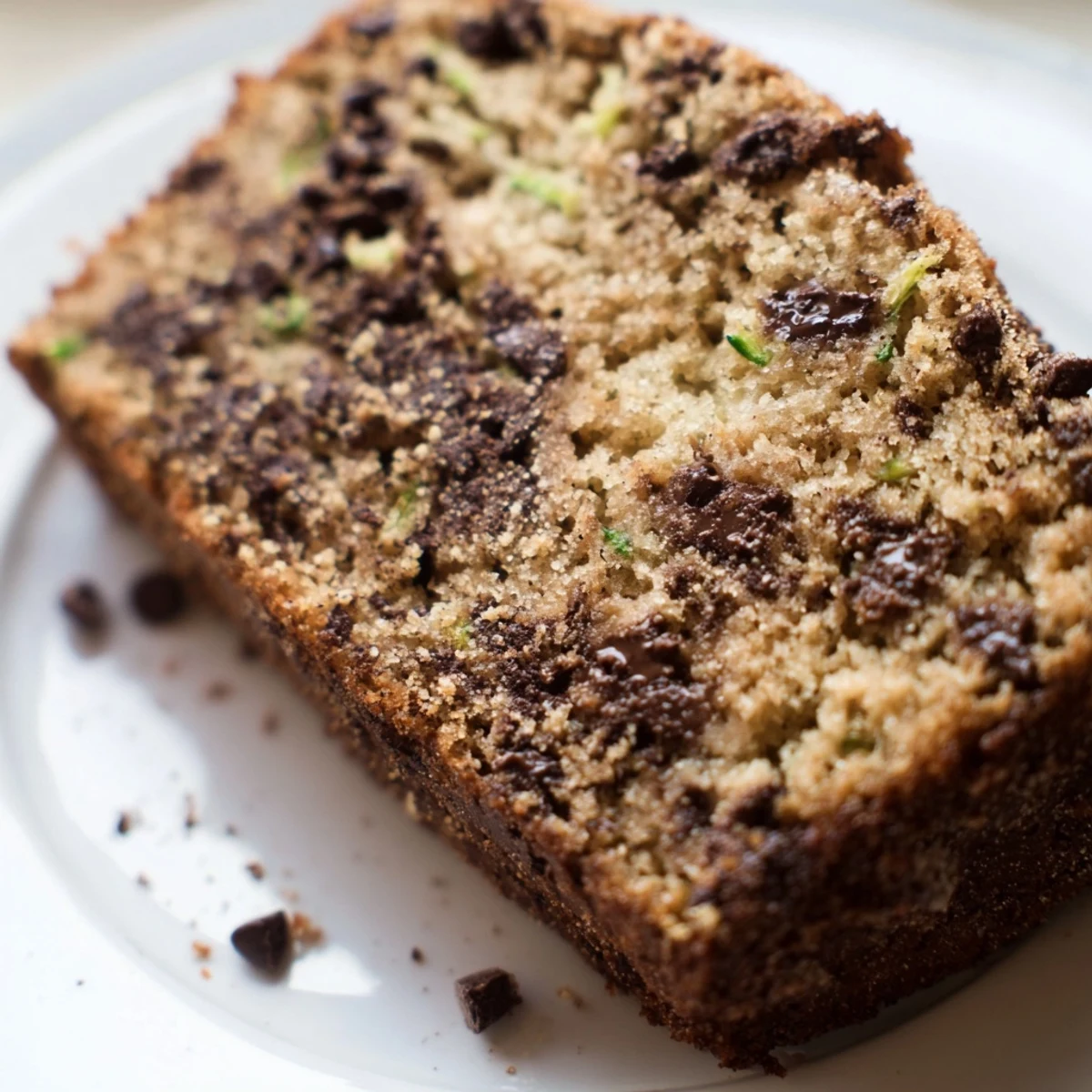 Warmly spiced Chocolate Chip Zucchini Bread cooling on a wire rack, sliced to show moist interior.