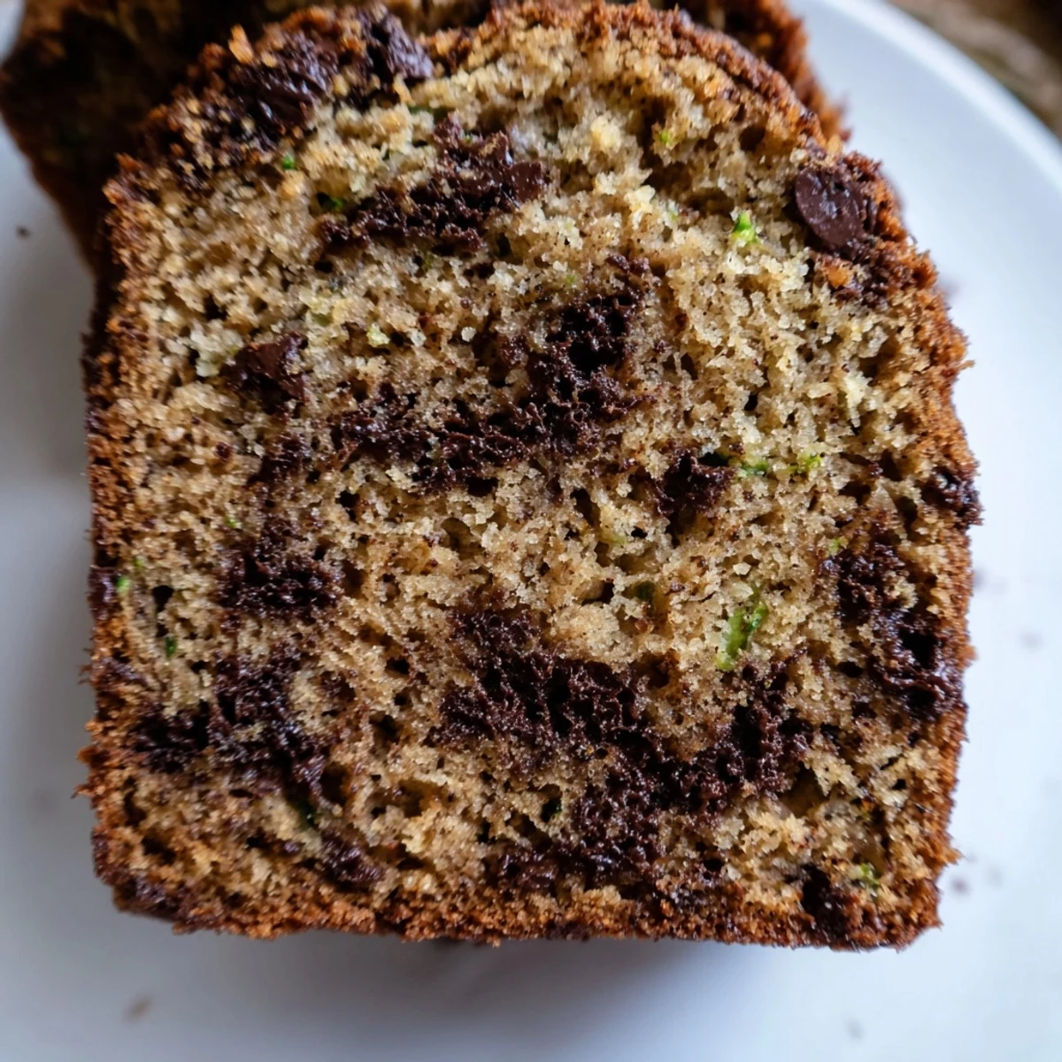 Freshly baked Chocolate Chip Zucchini Bread loaf with melted chocolate chips on a marble counter.