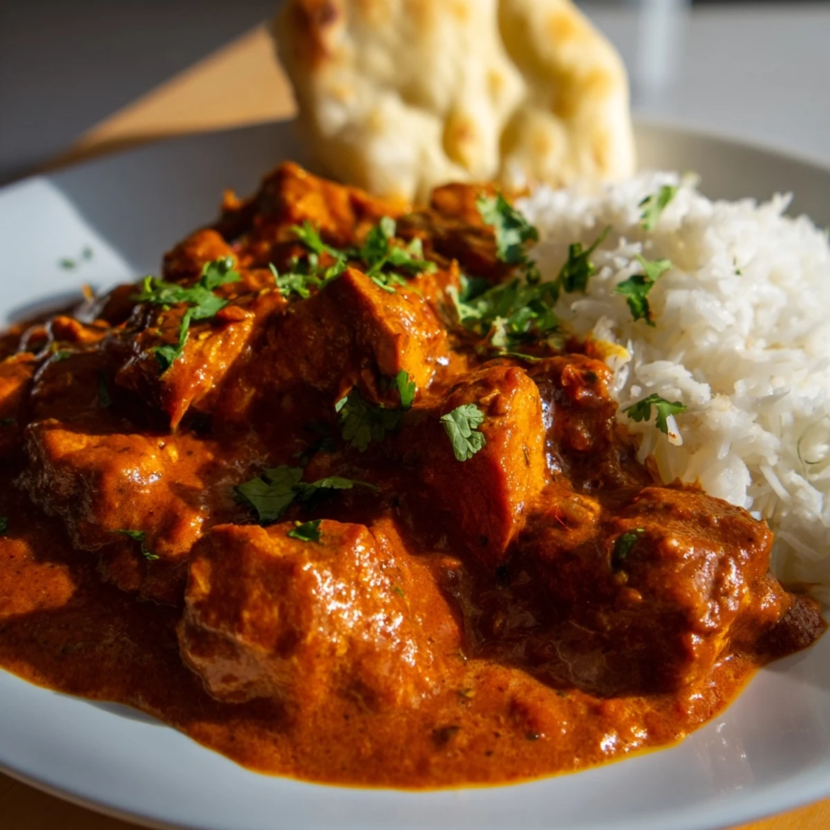 Comforting chicken tikka masala dinner plated with buttery basmati rice, naan bread, and a rich, spiced sauce.