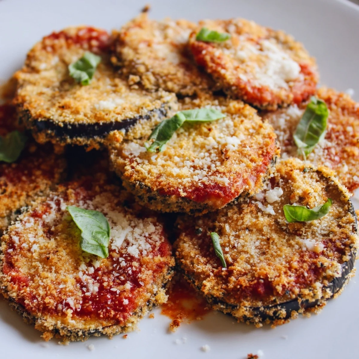 Golden-brown baked eggplant parmesan layers, topped with fresh basil and bubbling mozzarella, served in a white ceramic baking dish.