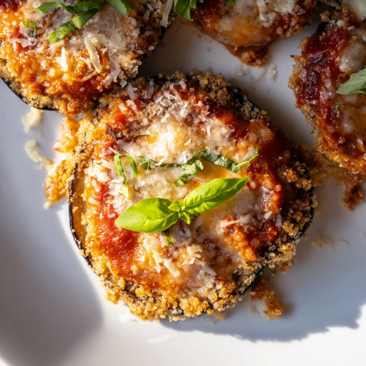 Crispy breaded eggplant slices stacked with rich marinara sauce and melted cheese, creating a classic Italian-American comfort food masterpiece.