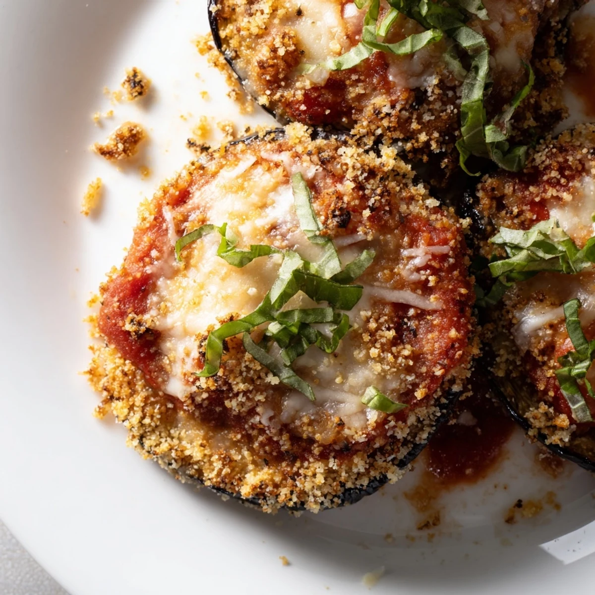 A close-up of homemade eggplant parmesan, featuring golden eggplant rounds smothered in tomato sauce and topped with fresh herbs.