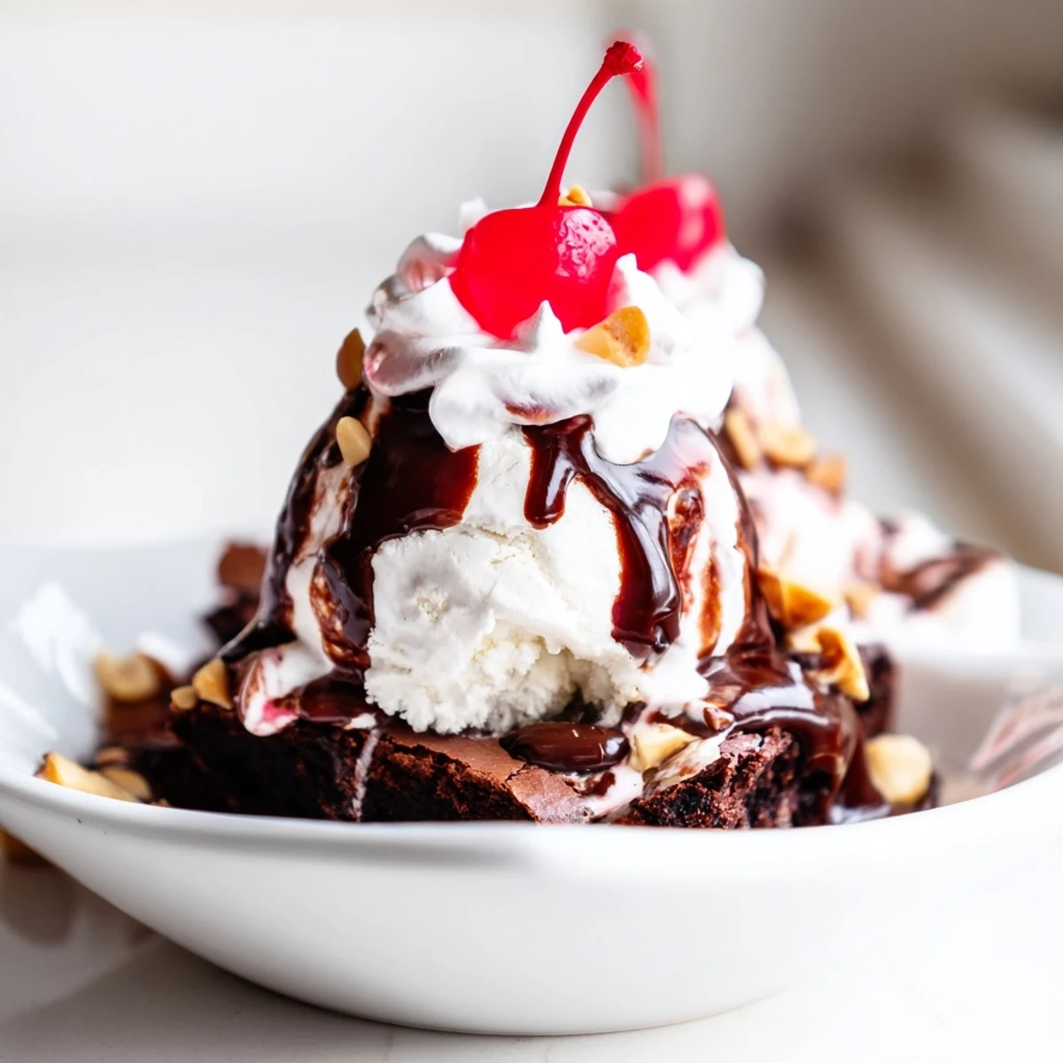 A freshly baked Chocolate Brownie Sundae with Hot Fudge Sauce features gooey, rich sauce drizzling over creamy ice cream on a marble counter.
