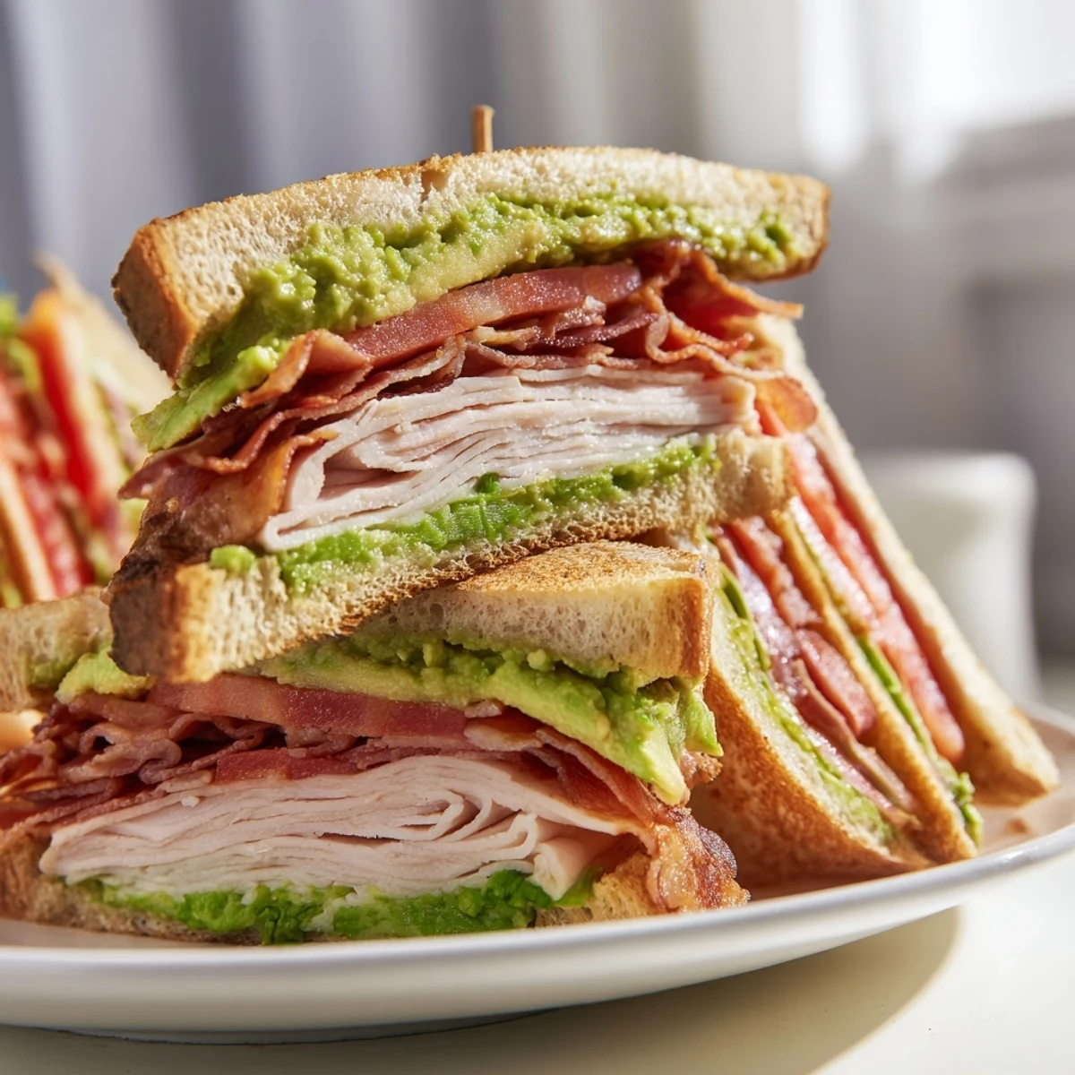 Close-up of a Turkey Club Sandwich with Turkey Bacon and Avocado, showcasing layers of crispy bacon, creamy avocado, and fresh lettuce on toasted bread.