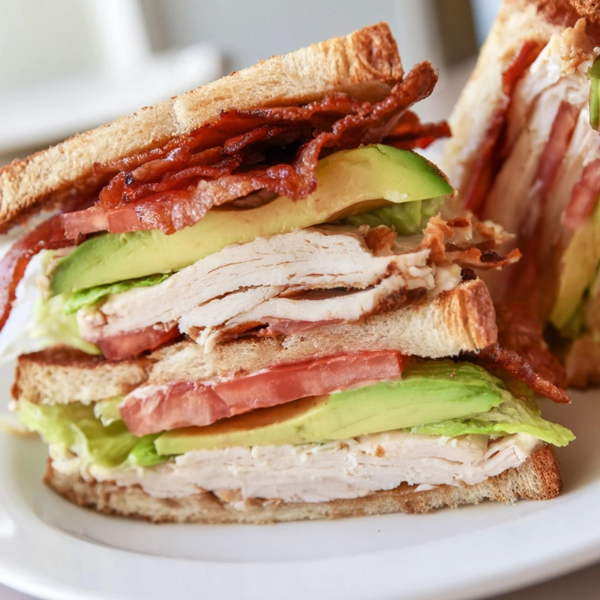 Golden toasted Turkey Club Sandwich with Turkey Bacon and Avocado, featuring ripe avocado slices and juicy tomato nestled between roasted turkey.
