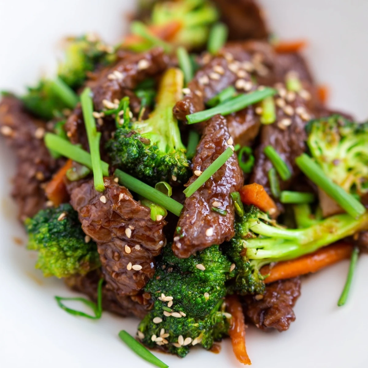 A close-up of Beef and Broccoli Stir Fry with Garlic Soy Sauce, garnished with green onions and sesame seeds.