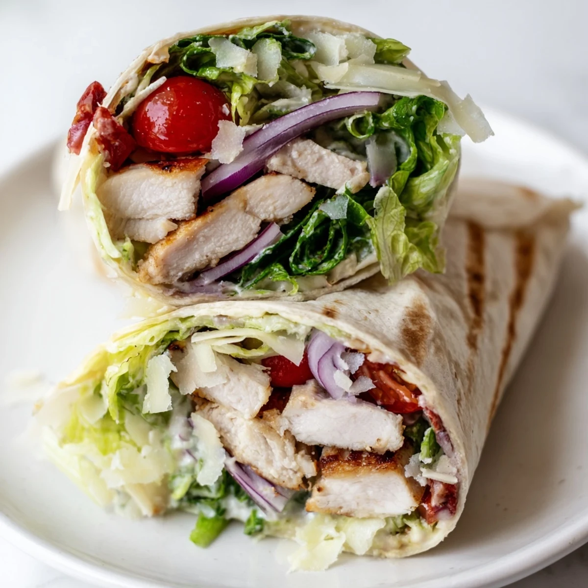 A sliced Chicken Caesar Wrap showcases creamy Caesar dressing and fresh romaine lettuce inside.