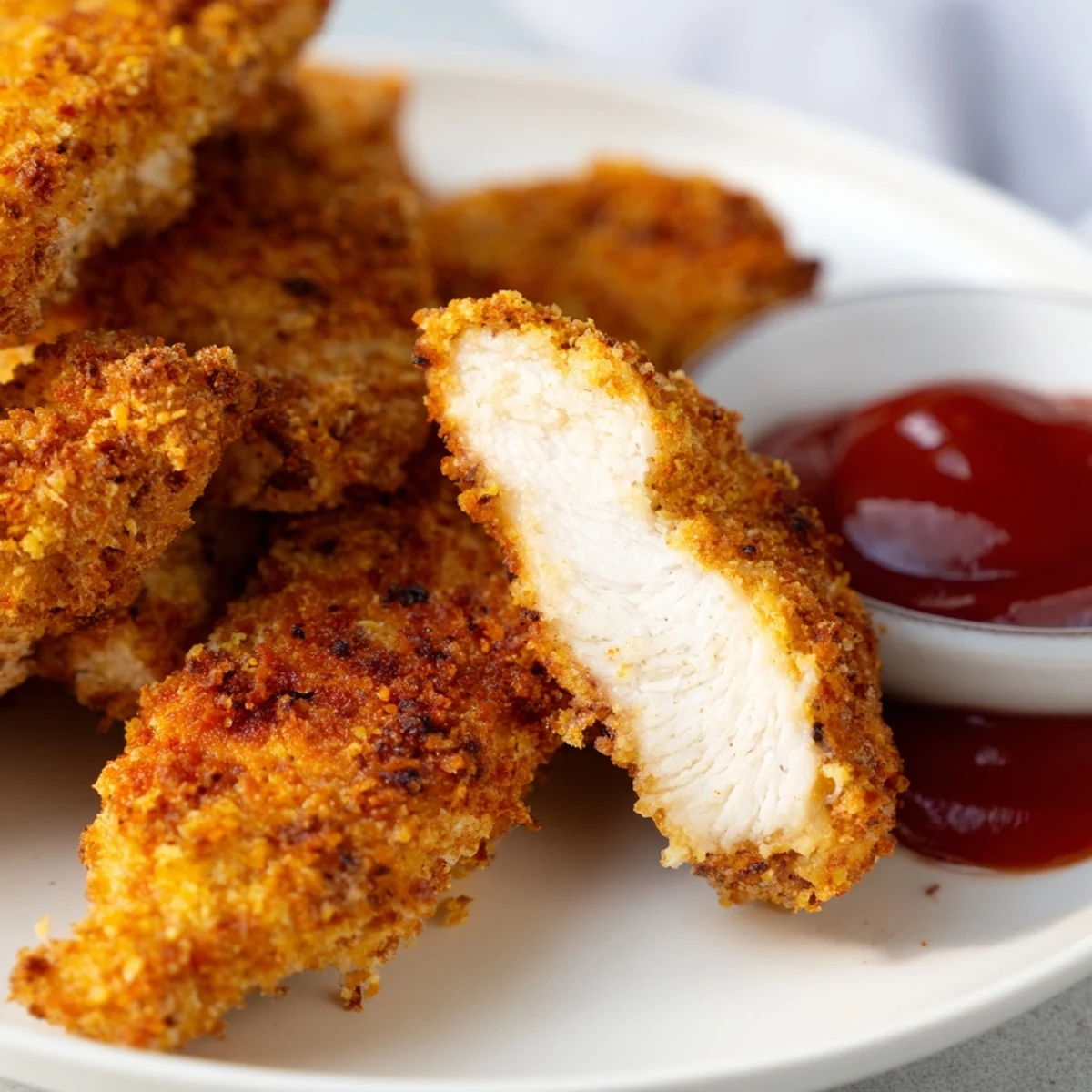 Freshly cooked Crispy Air Fryer Chicken Tenders with Ketchup on a wooden board.