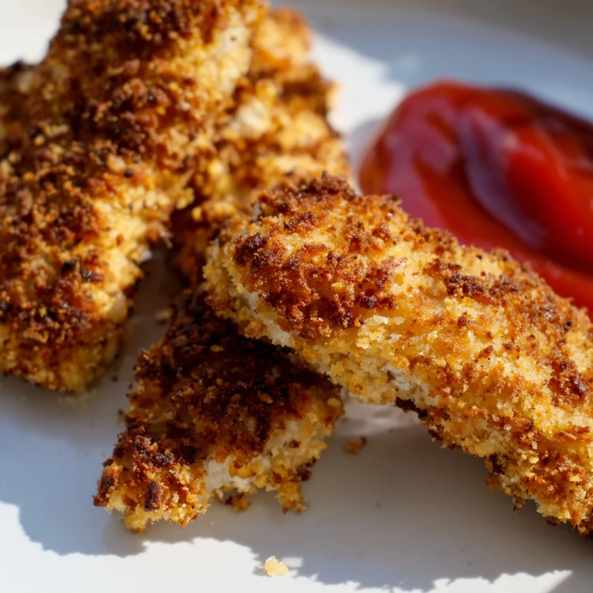 Golden Crispy Air Fryer Chicken Tenders with Ketchup ready to be dipped.