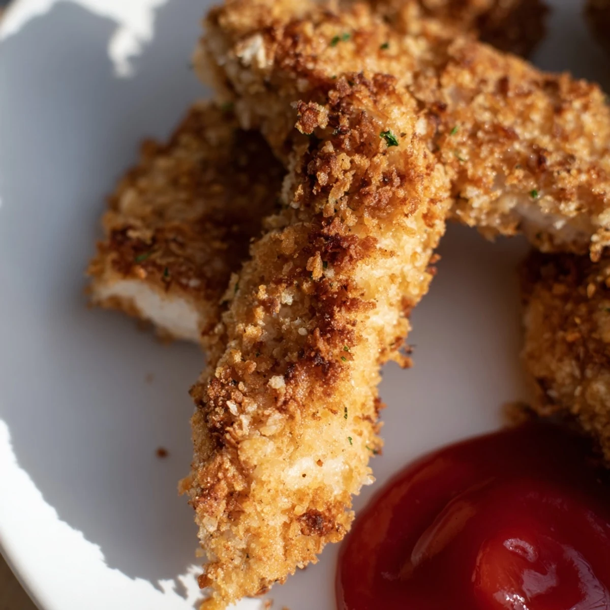 Homemade Crispy Air Fryer Chicken Tenders with Ketchup served hot for dinner.