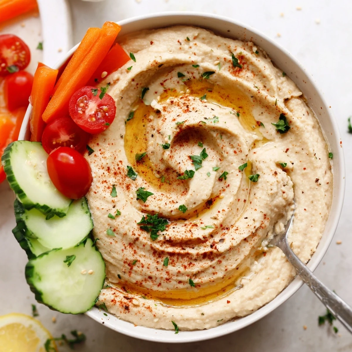 Spoon into this Mediterranean Hummus Platter with Fresh Veggies, featuring smooth chickpea dip and crunchy snap peas for a healthy snack.