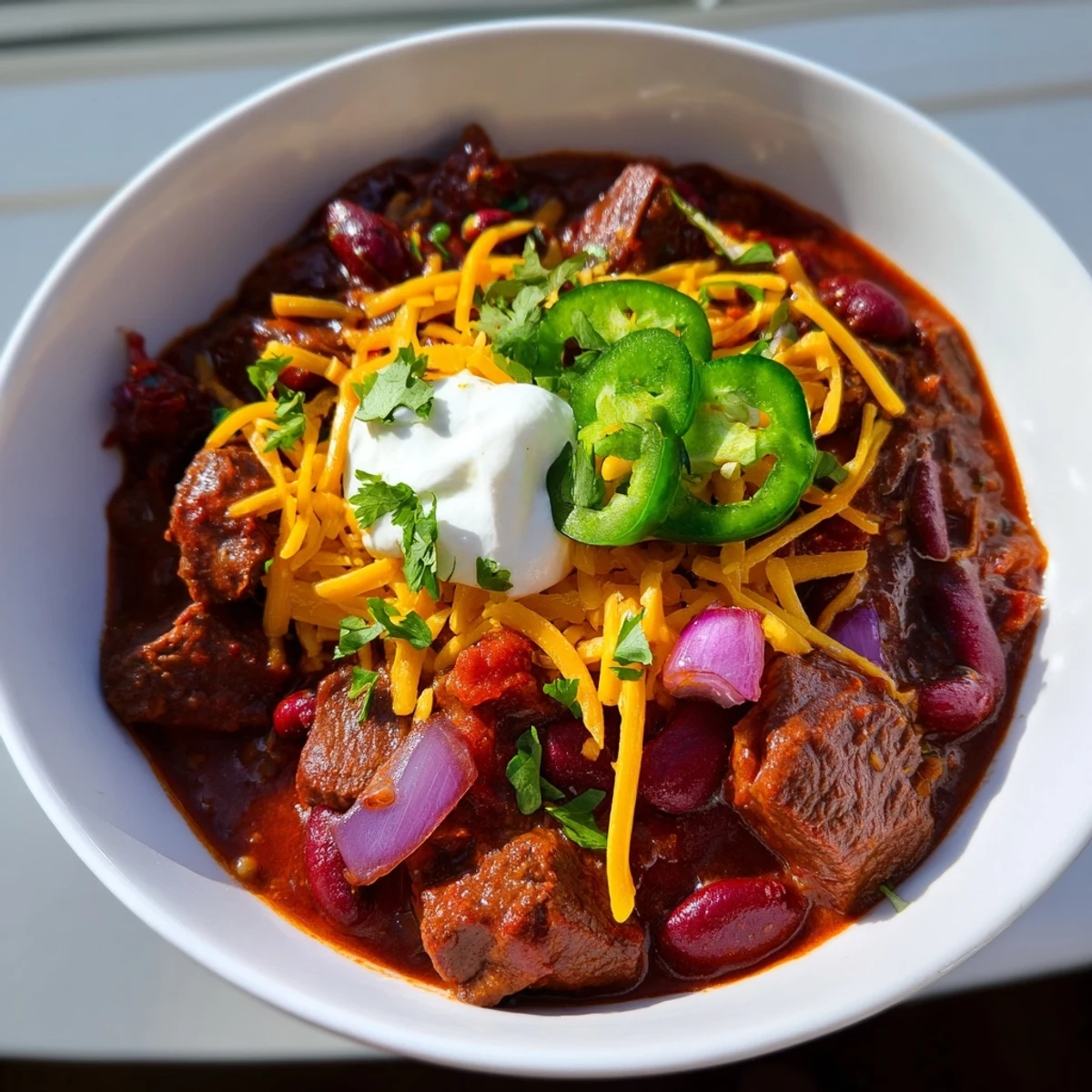 Tender beef chunks simmer with kidney beans in rich tomato sauce in this Slow Cooker Beef Chili with Kidney Beans.