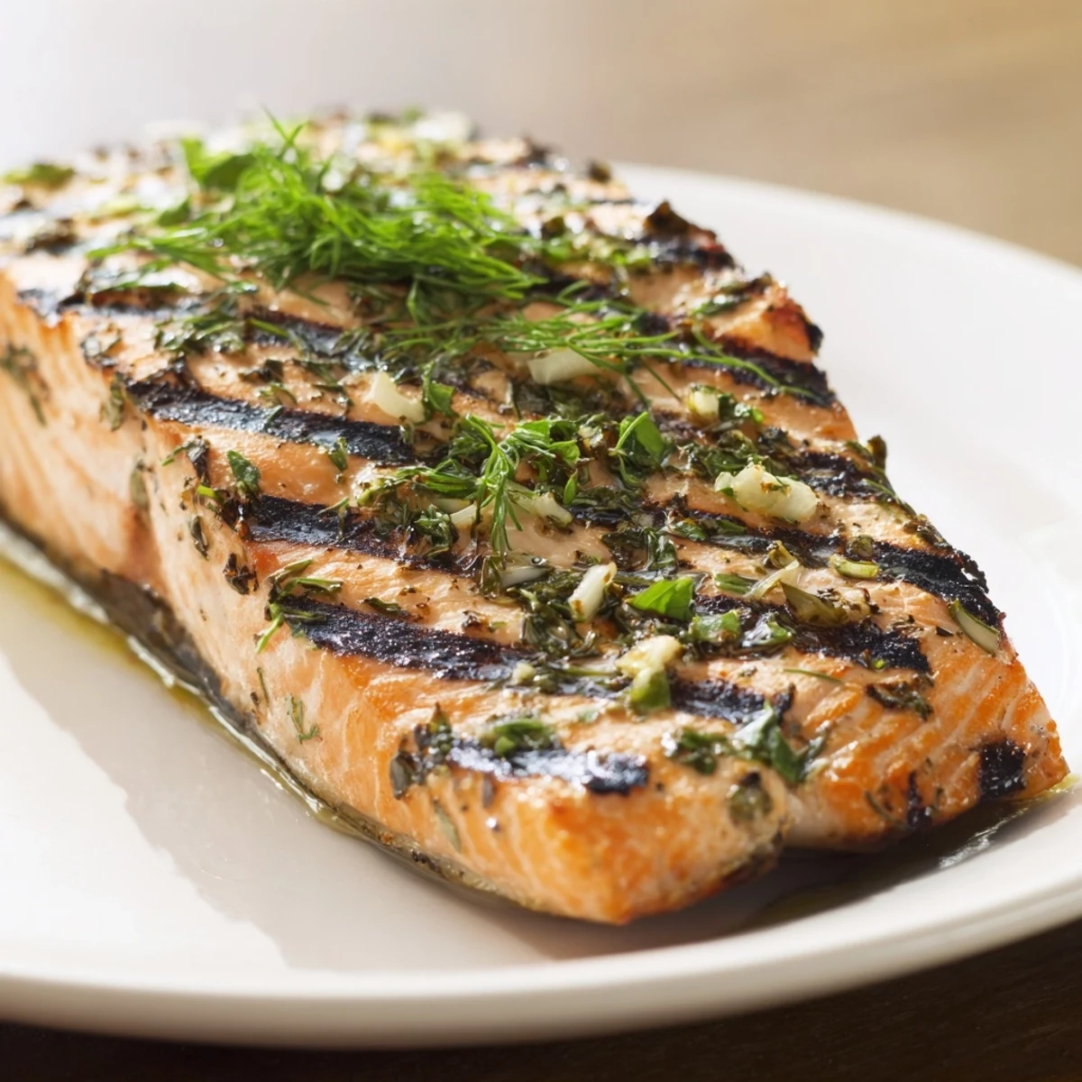 Sizzling Lemon Herb Grilled Salmon fillet being flipped on a hot grill with char marks.