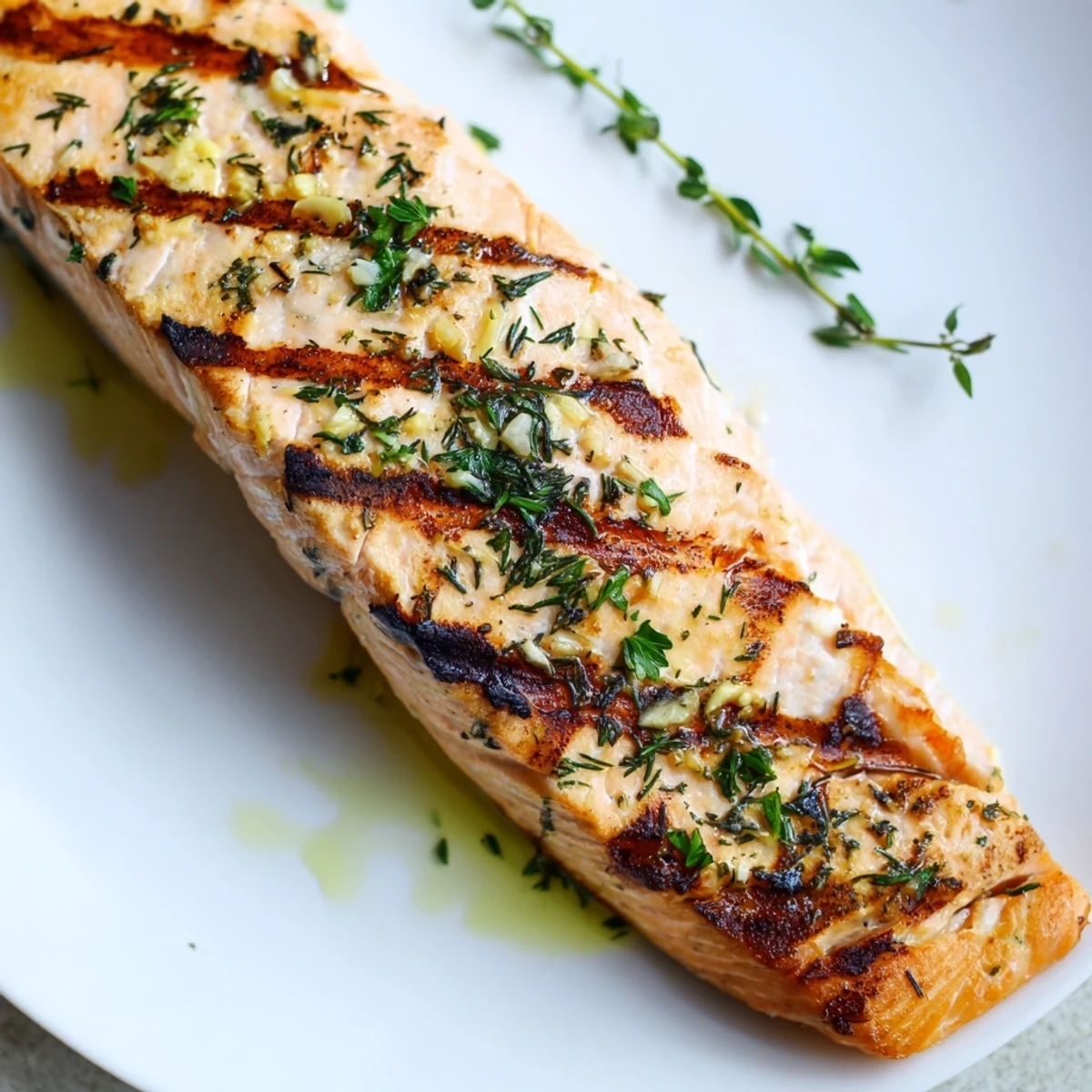 Grilled Lemon Herb Grilled Salmon fillet with fresh herbs and a lemon wedge on a rustic plate.