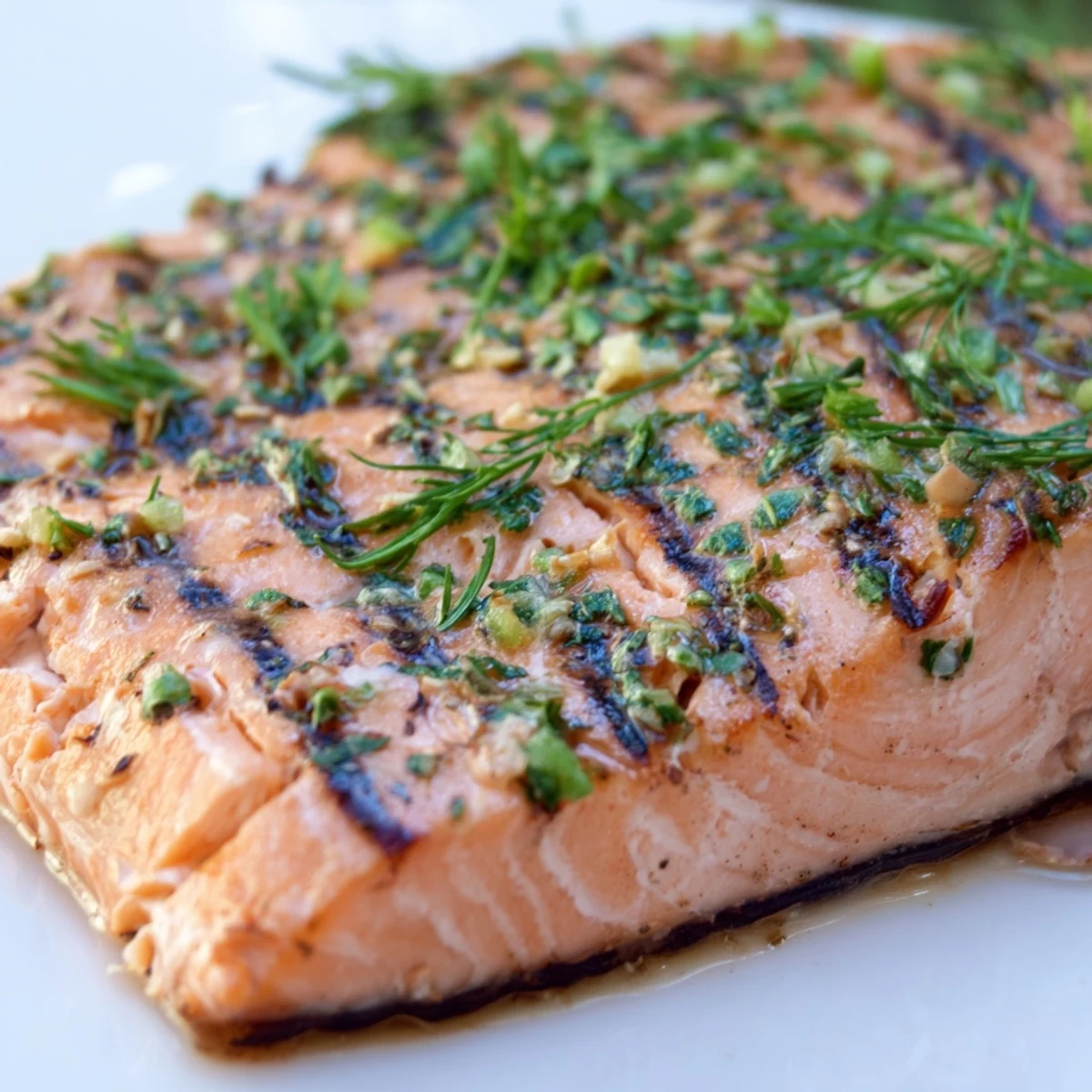 Flaky Lemon Herb Grilled Salmon served with asparagus and a glass of white wine.