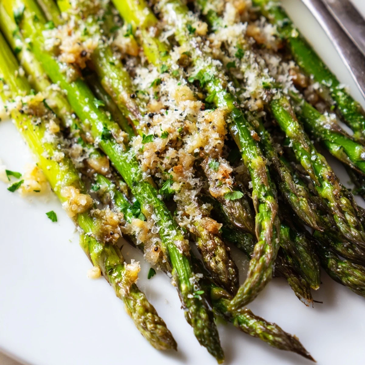 Golden-brown Garlic Parmesan Roasted Asparagus Spears glistening with olive oil and fresh herbs on a white plate.