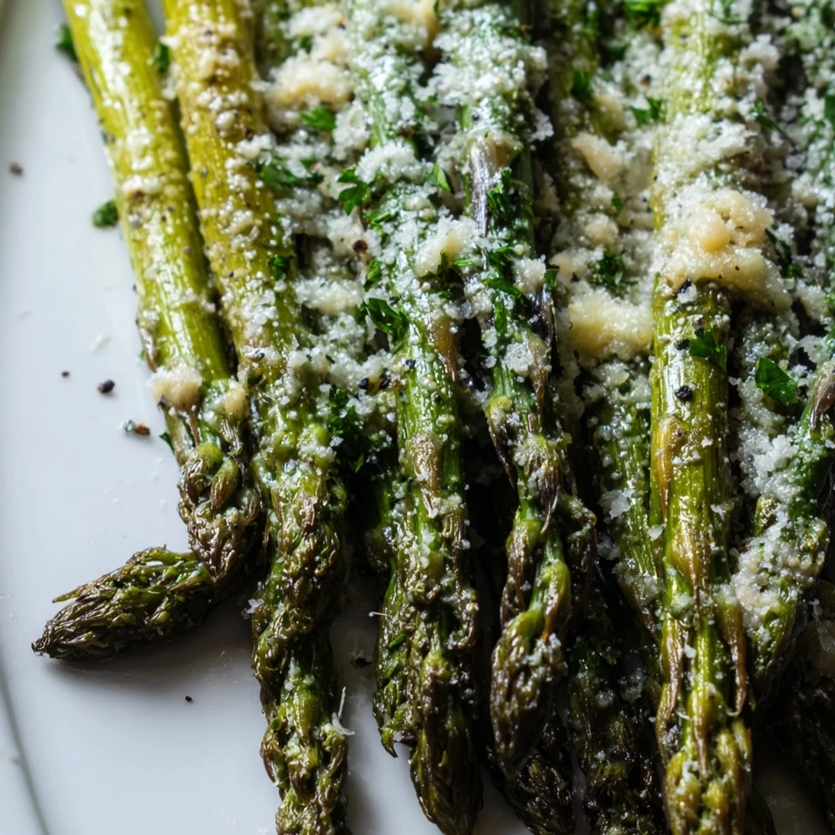 Freshly baked Garlic Parmesan Roasted Asparagus Spears on a baking sheet, perfect for an easy American side dish.