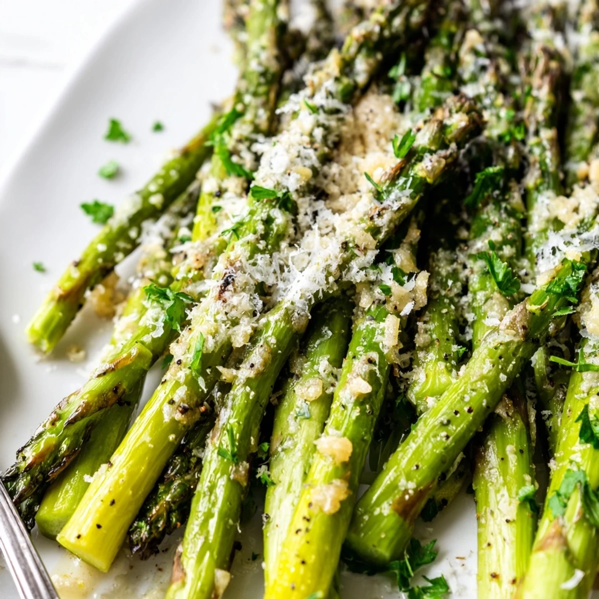 Tender green Garlic Parmesan Roasted Asparagus Spears topped with melted cheese and served with lemon wedges.