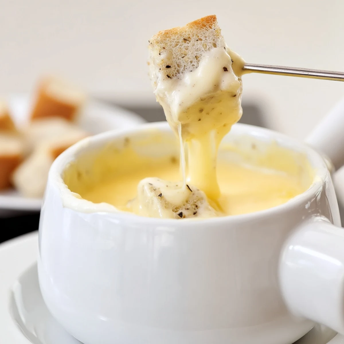 Creamy Savory Cheese Fondue with Bread Cubes bubbling in a pot, ready for dipping.