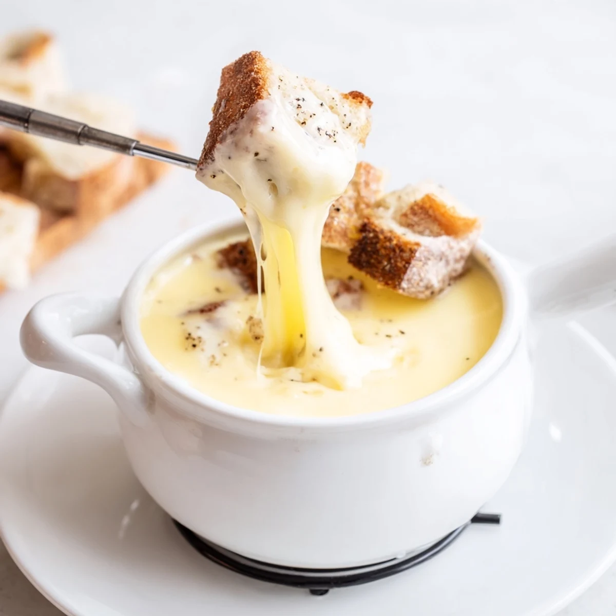 Steaming Savory Cheese Fondue with Bread Cubes served with colorful vegetables and cozy lighting.