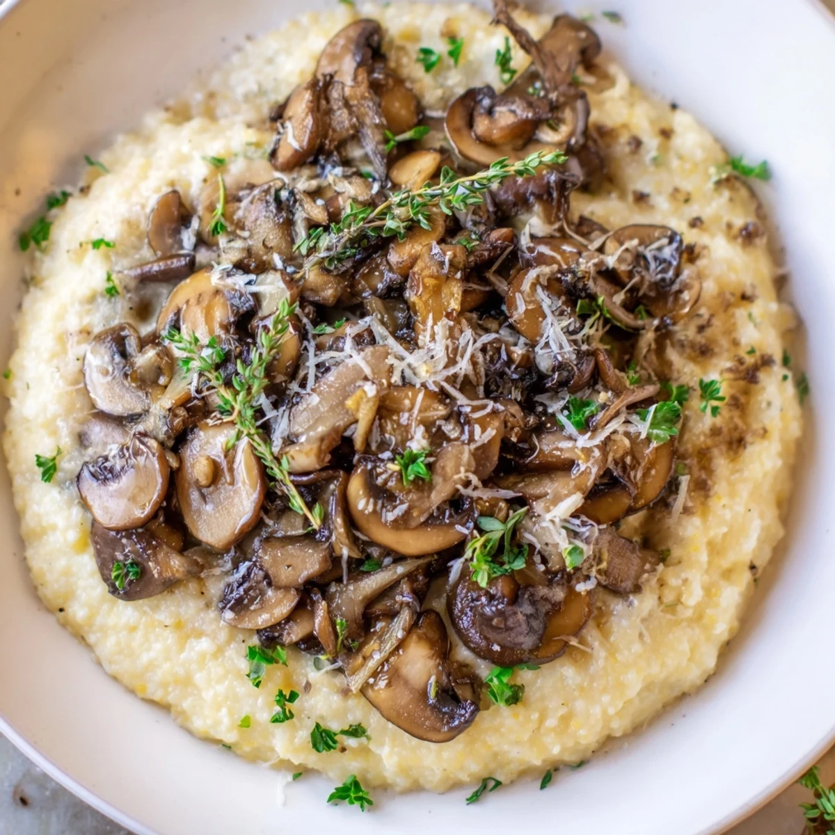 Creamy Polenta with Wild Mushrooms served in rustic bowls, garnished with fresh thyme and Parmesan for a comforting vegetarian dinner.
