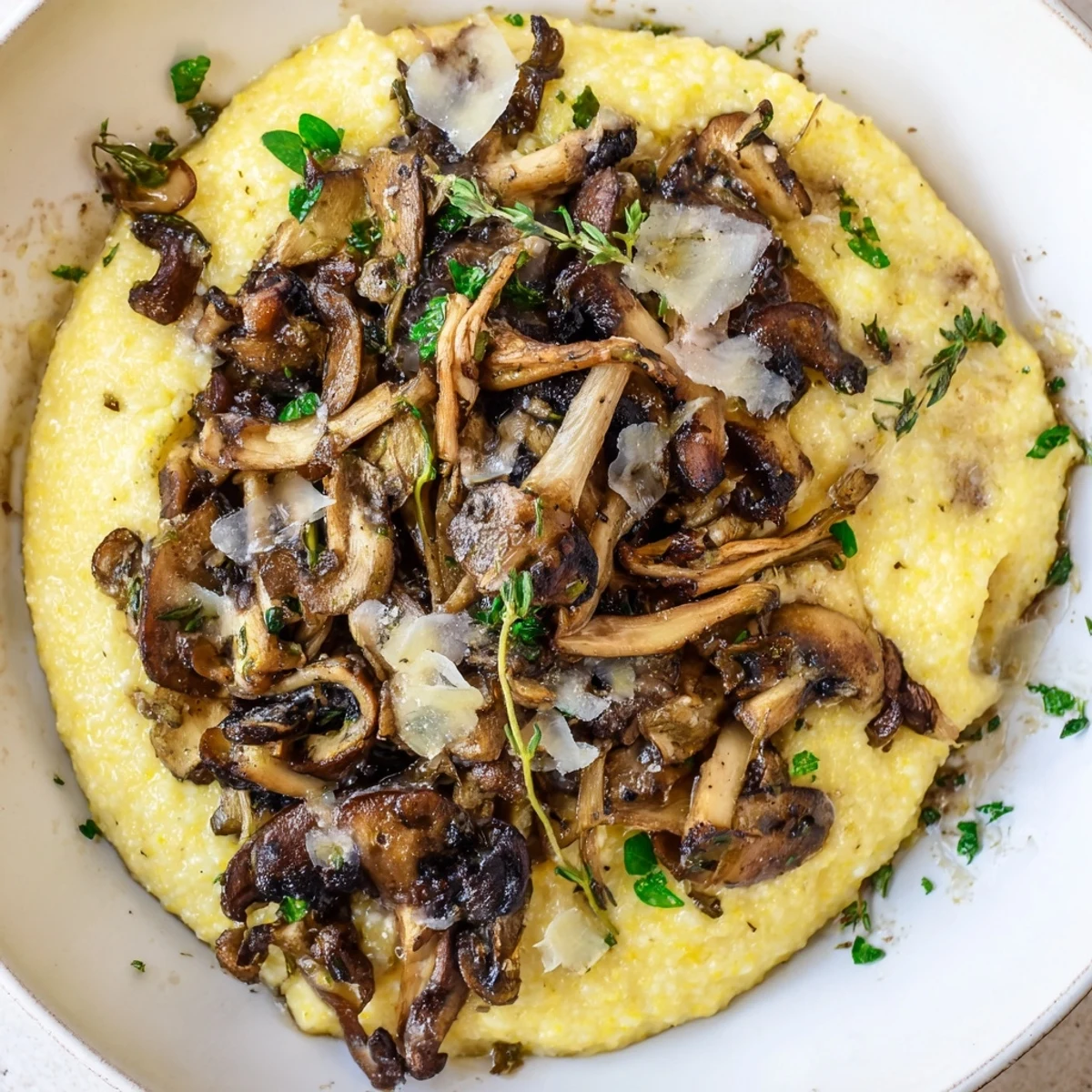 A rustic skillet of Creamy Polenta with Wild Mushrooms finished with fresh parsley, perfect with a glass of Pinot Grigio.