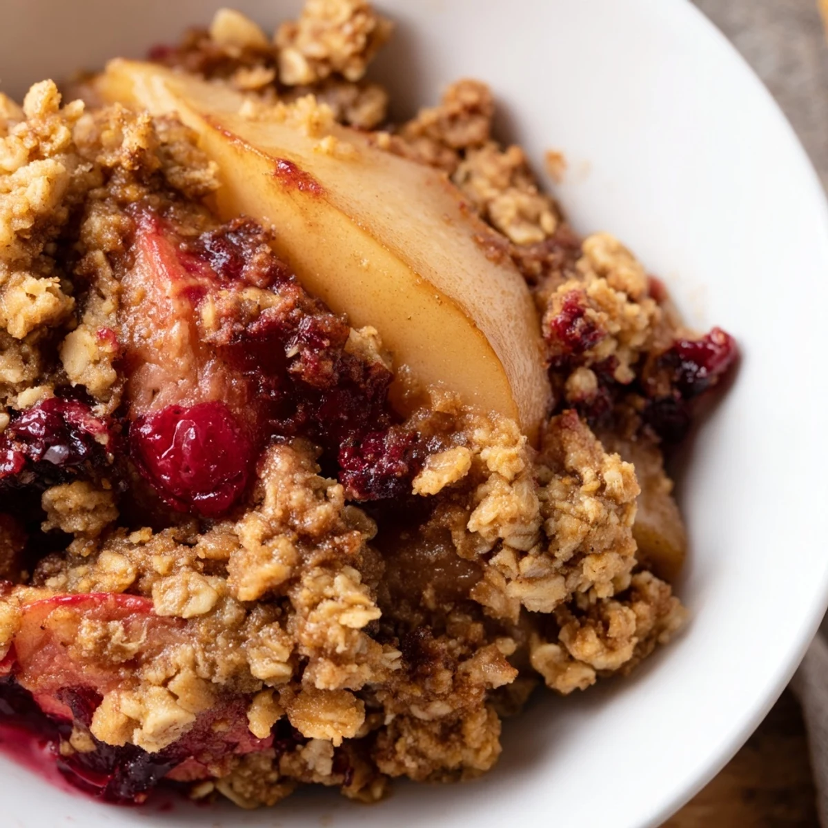 Freshly baked Spiced Pear and Cranberry Crumble with a golden oat topping, served warm from the oven.