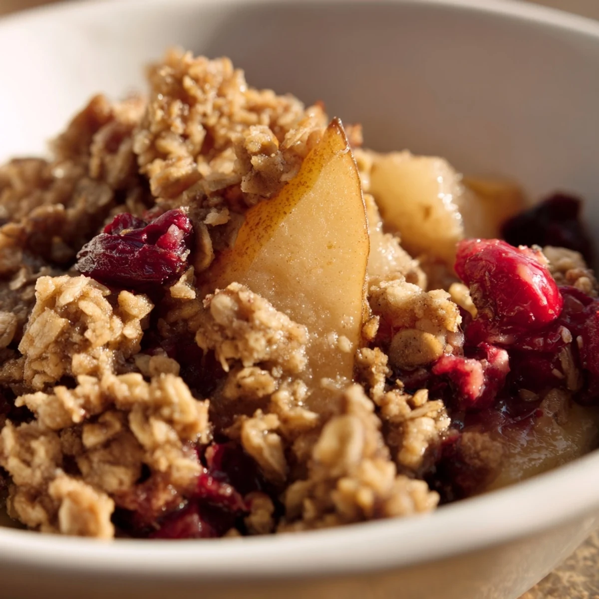 Rustic Spiced Pear and Cranberry Crumble in a white baking dish, showing tender red cranberries and spices.