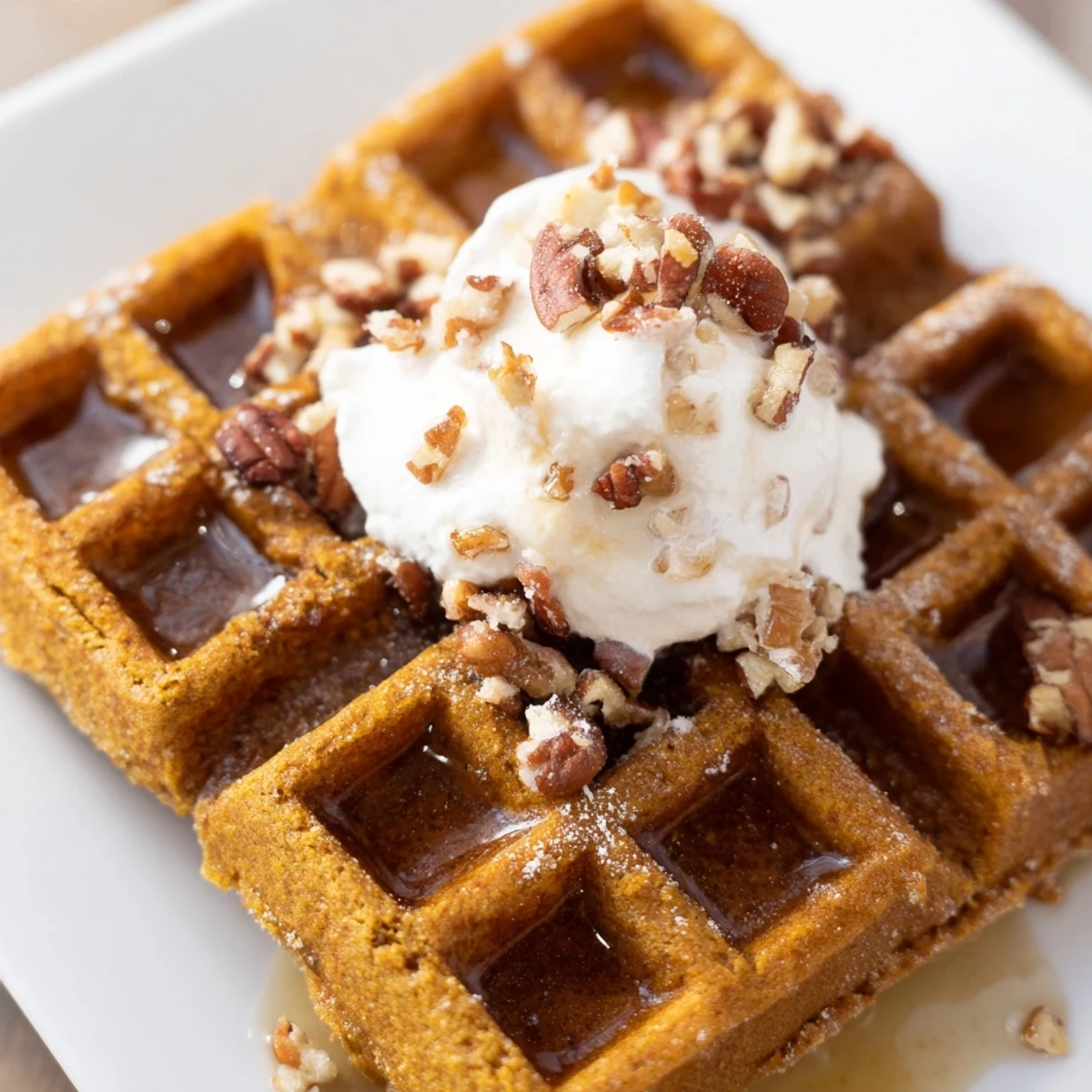 Golden-brown Gingerbread Waffles with Maple Syrup steam on a plate, garnished with chopped pecans.