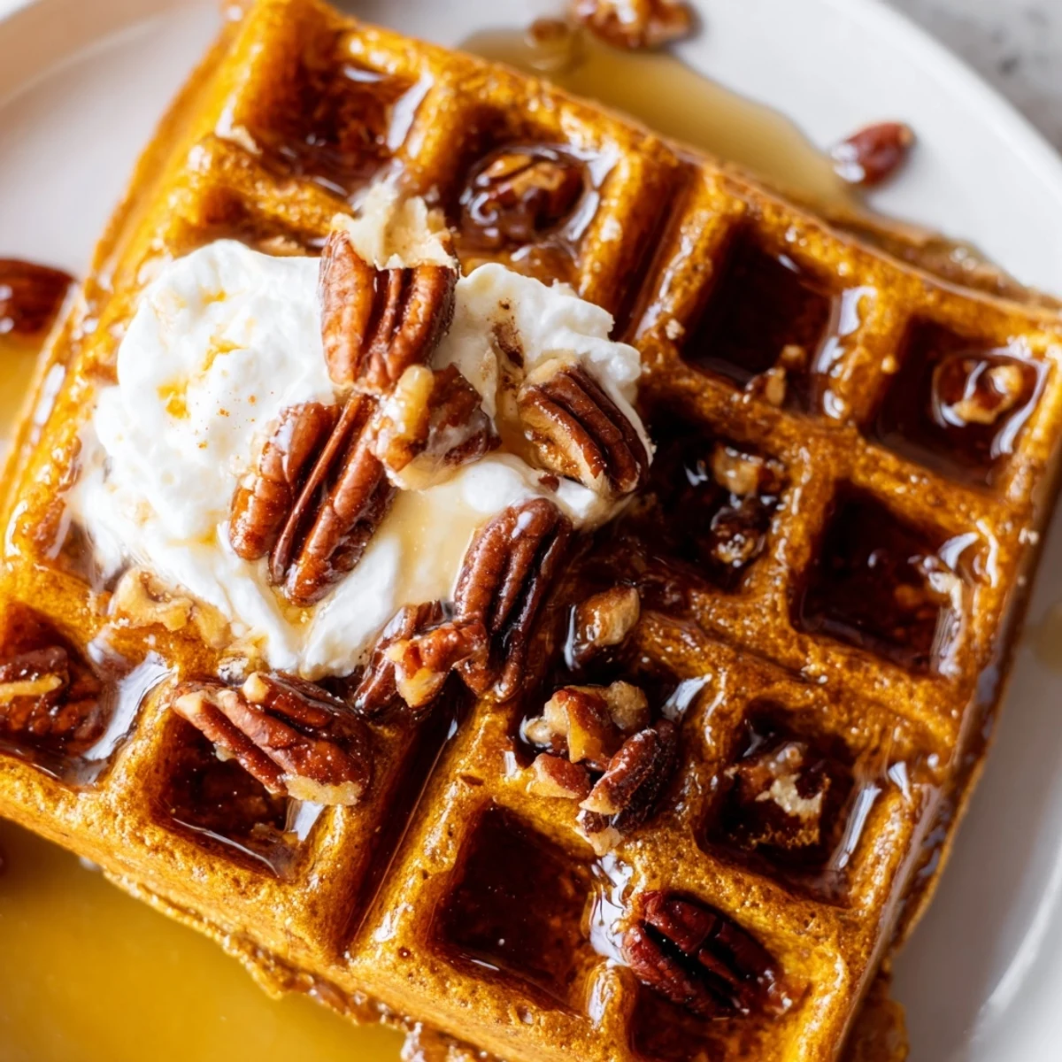 Crspy Gingerbread Waffles with Maple Syrup topped with whipped cream on a cozy breakfast table.