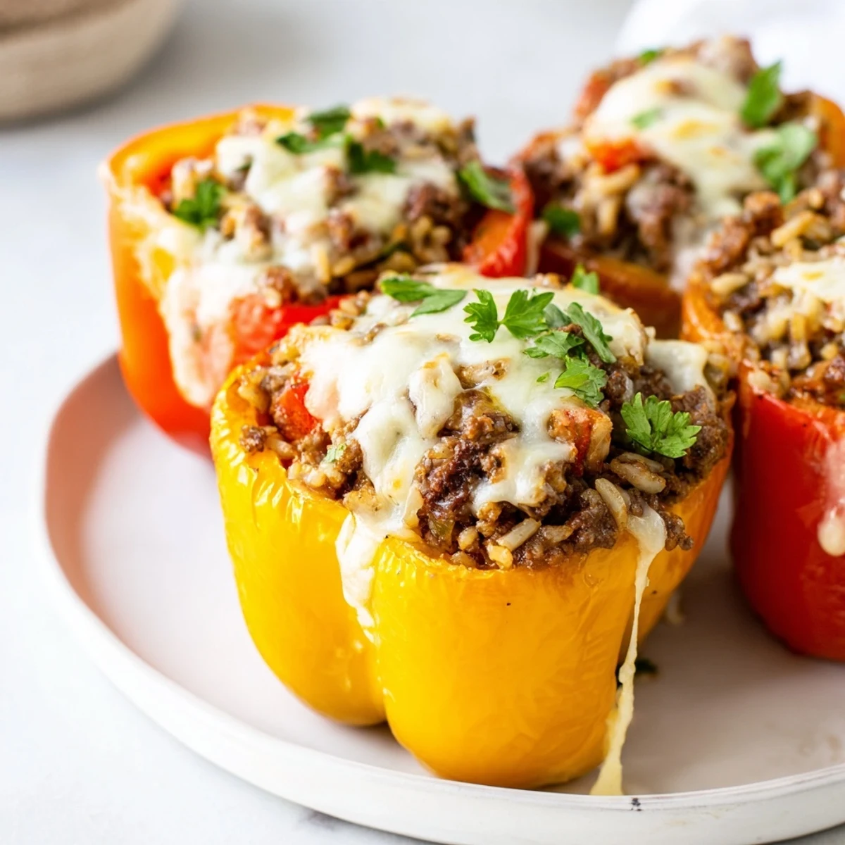 Golden baked bell peppers stuffed with savory beef and rice, crowned with bubbling melted cheese.
