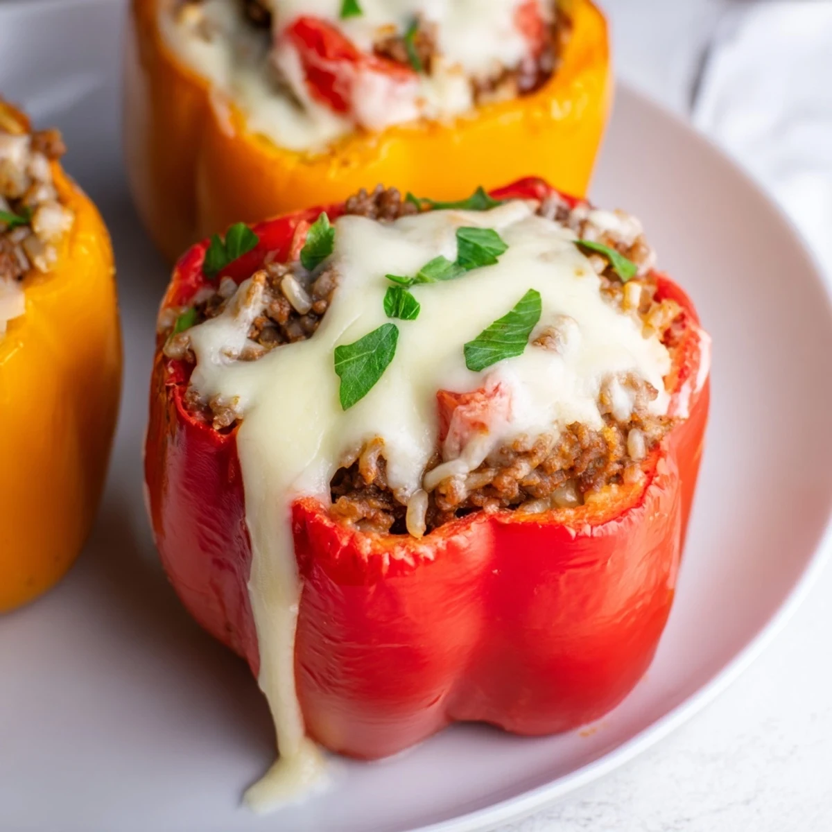 Oven-roasted bell peppers filled with a hearty beef, rice, and herb mixture, topped with golden cheese.