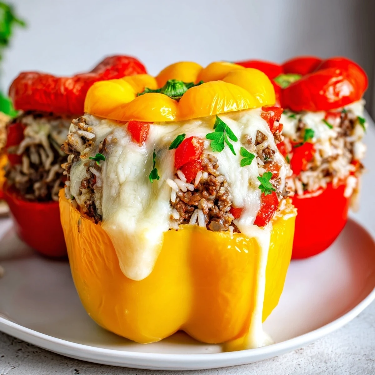 Freshly baked bell peppers overflowing with a savory beef and rice filling, melted cheese, and fresh parsley.